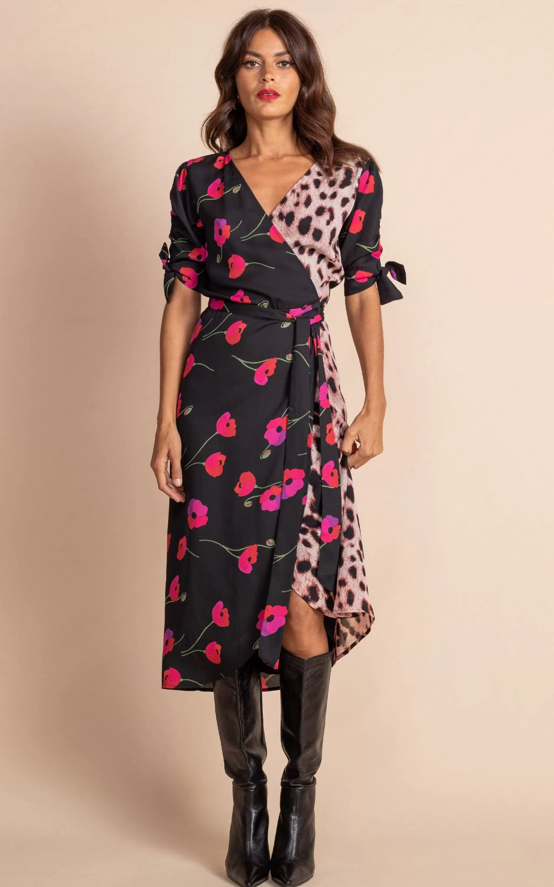 Dancing Leopard Olivera Midi Wrap Dress In Poppies On Black Mix>Women Dresses