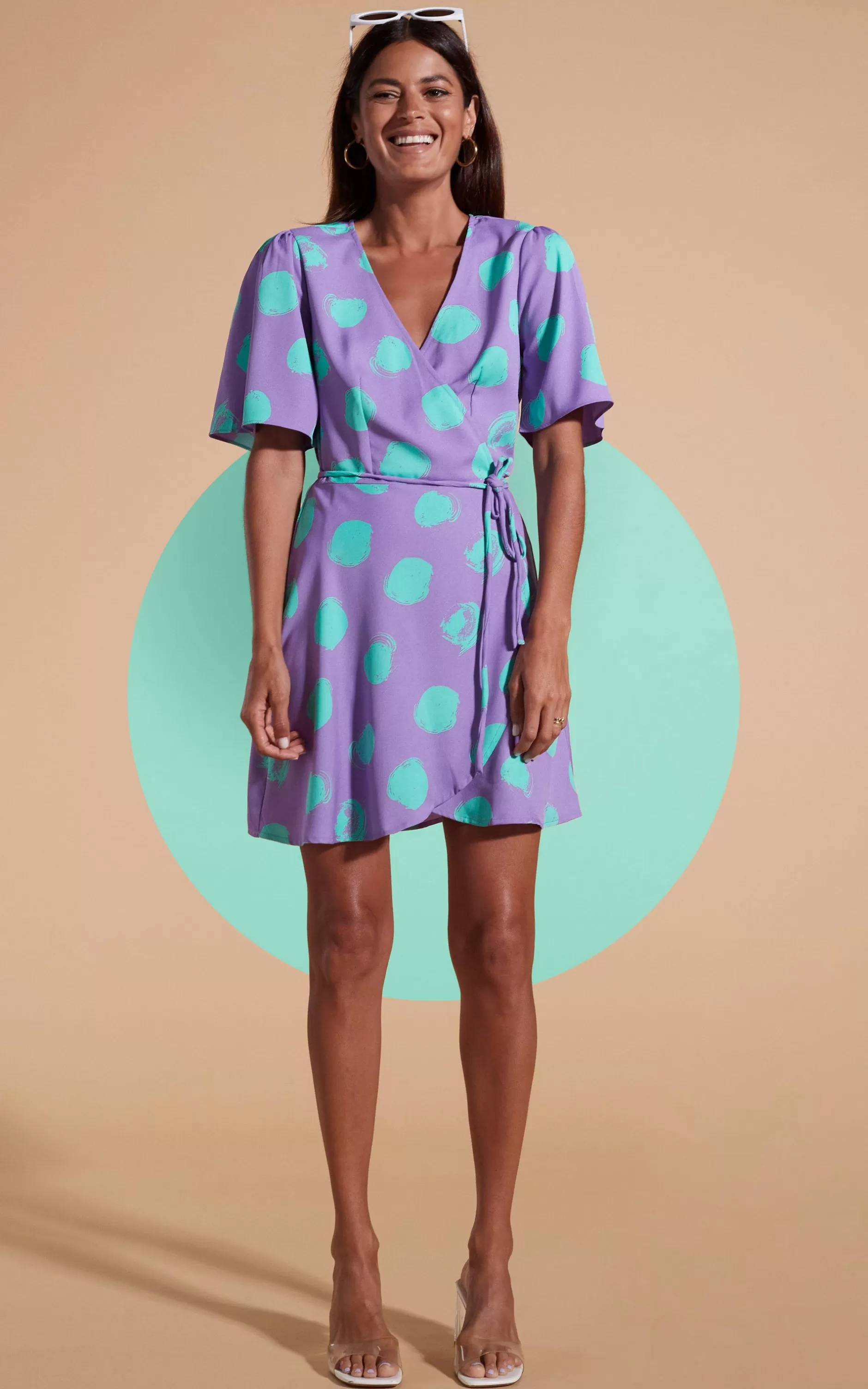 Dancing Leopard Rafferty Dress In Green On Purple Dot>Women Dresses