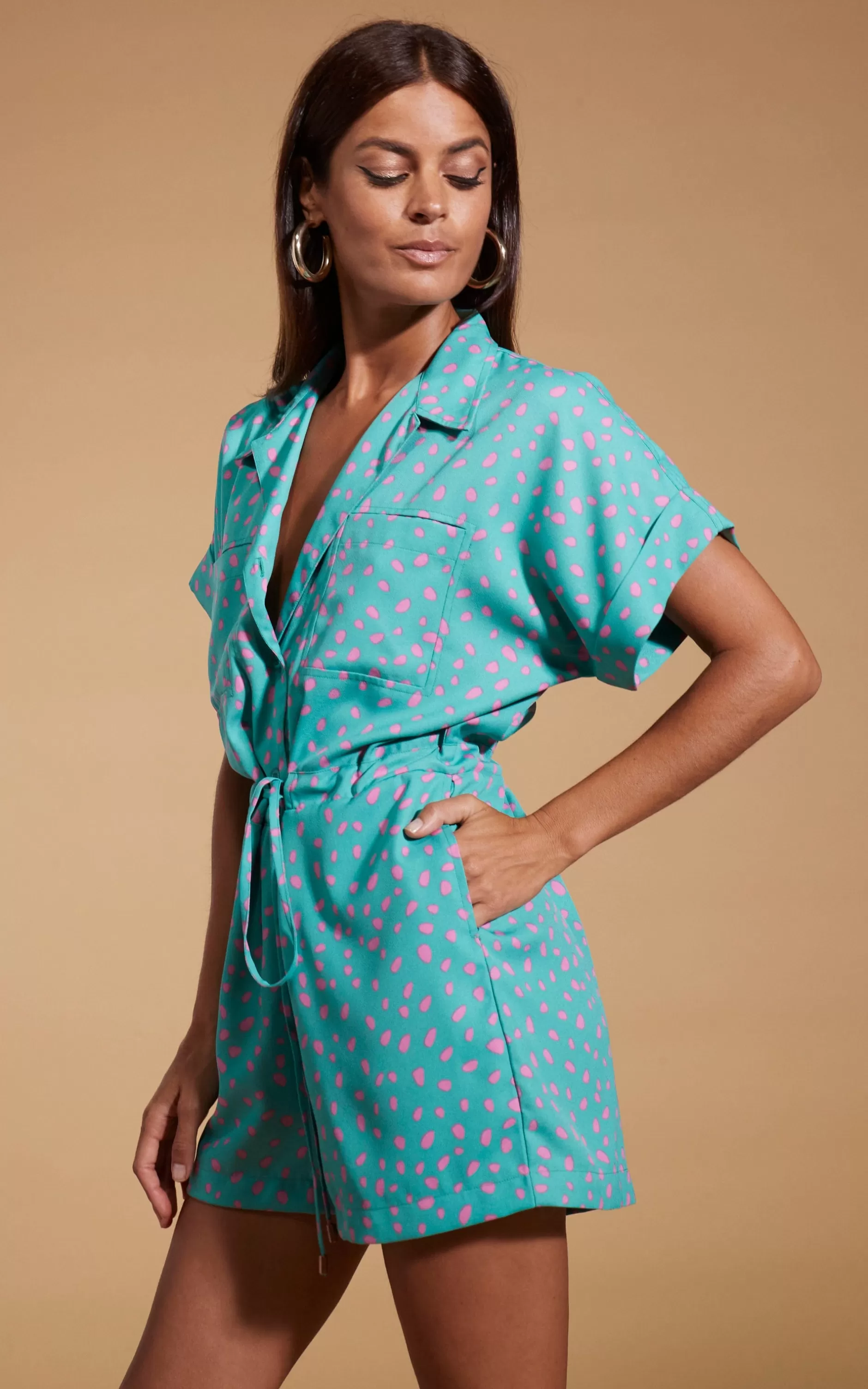 Dancing Leopard Rizzo Shirt Playsuit In Abstract Pink On Sea Green>Women Playsuits