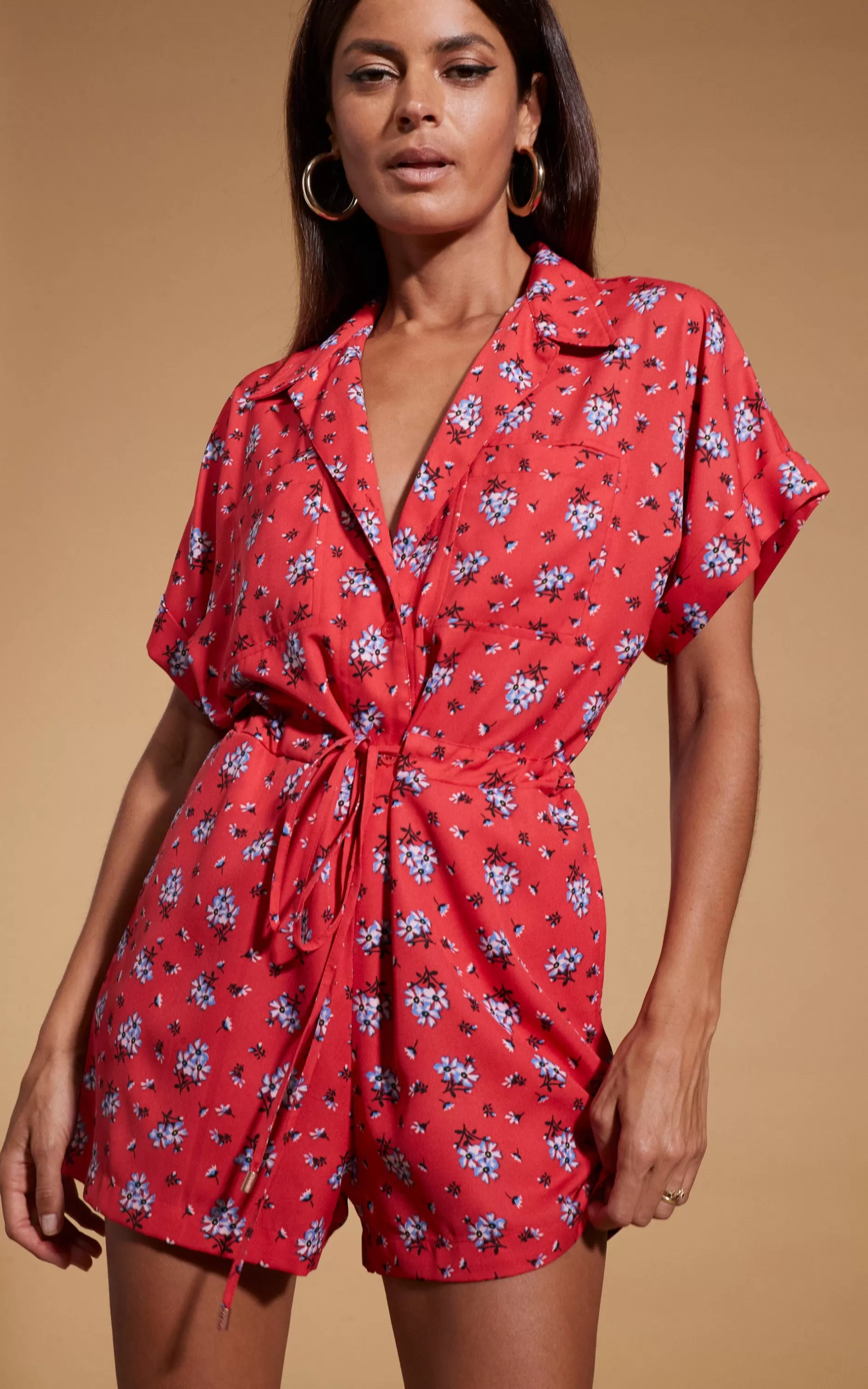 Dancing Leopard Rizzo Shirt Playsuit In Red Daisy>Women Playsuits