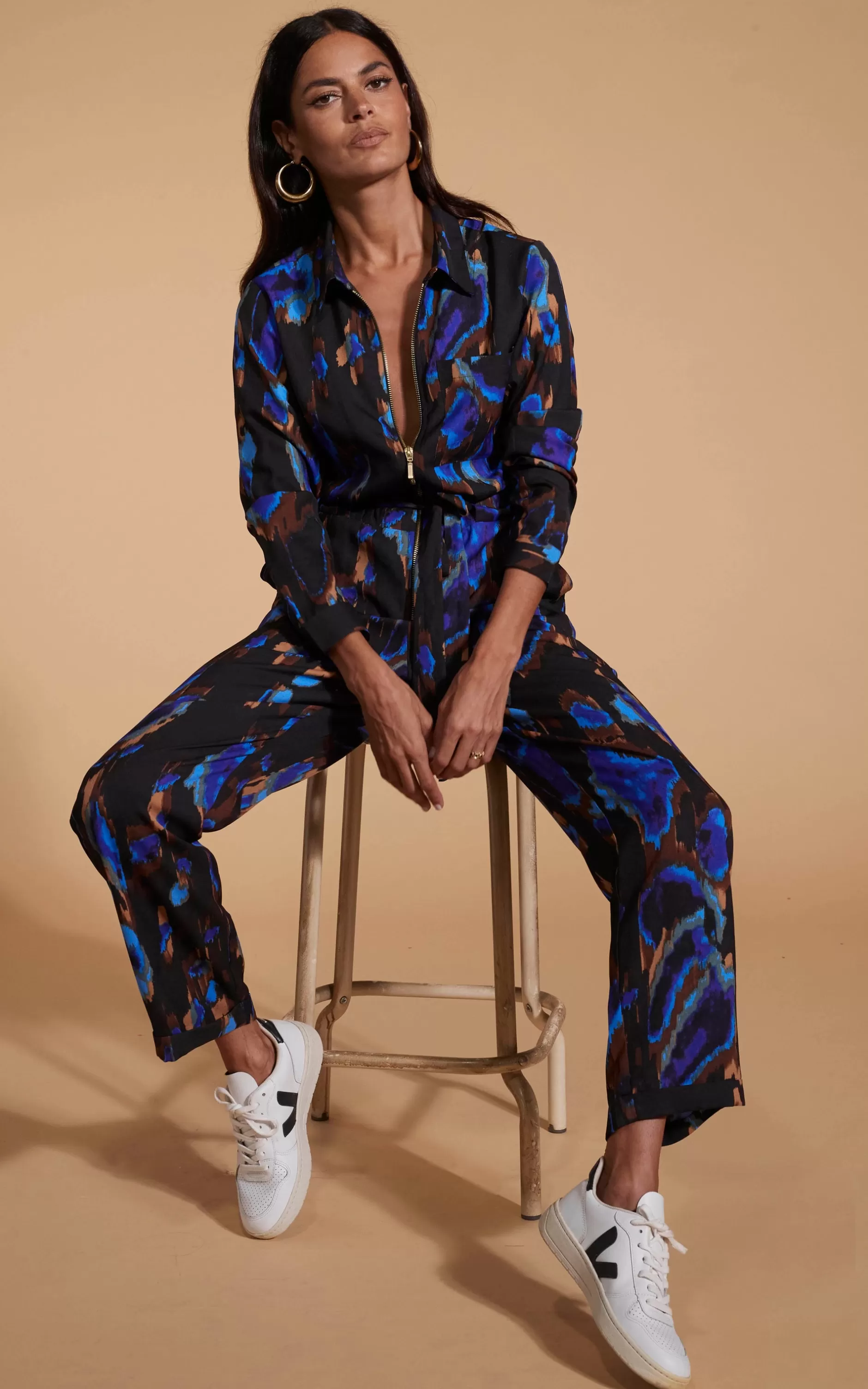 Dancing Leopard Roxanna Zip Jumpsuit In Camo Abstract Blue On Black>Women Jumpsuits