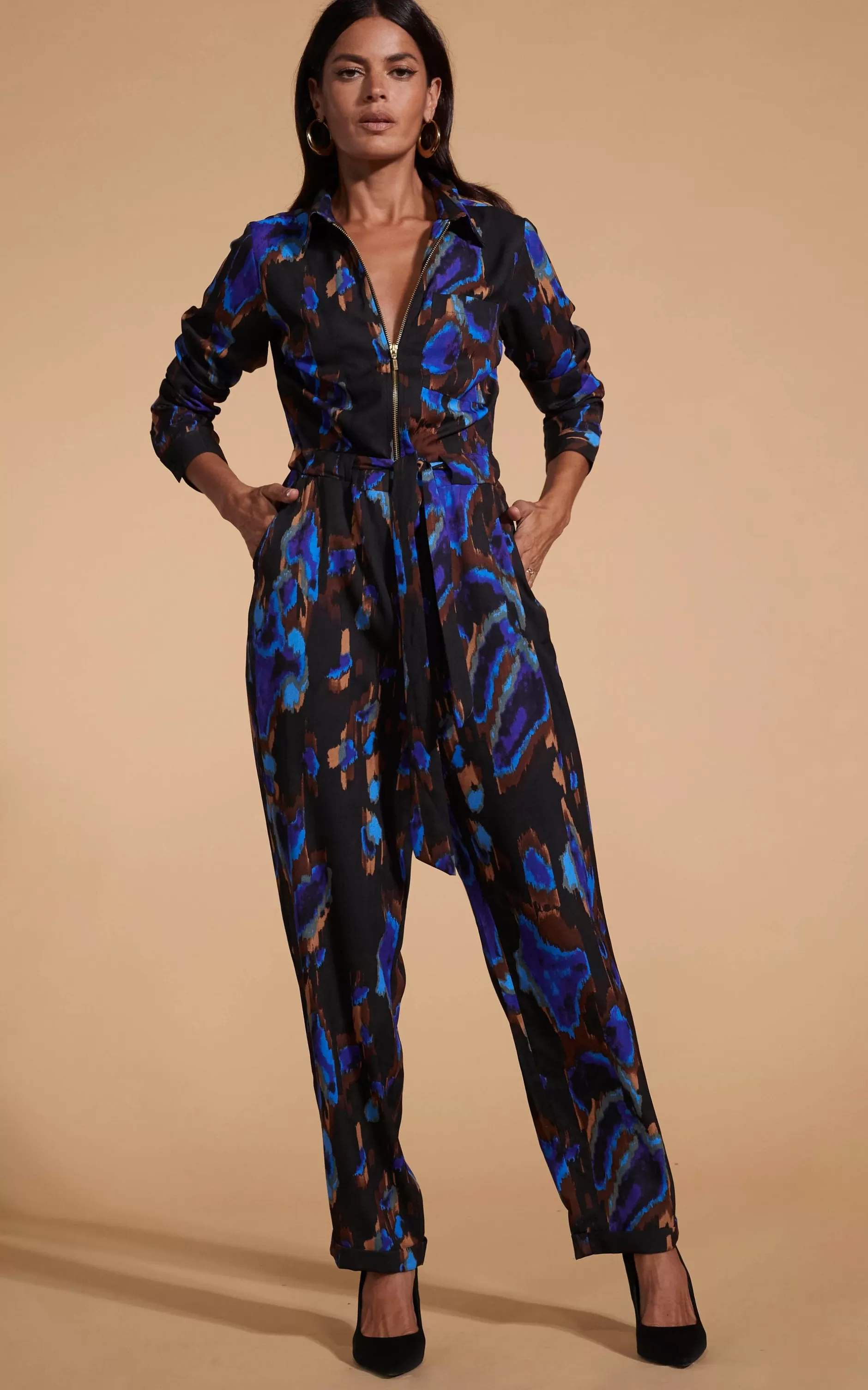 Dancing Leopard Roxanna Zip Jumpsuit In Camo Abstract Blue On Black>Women Jumpsuits