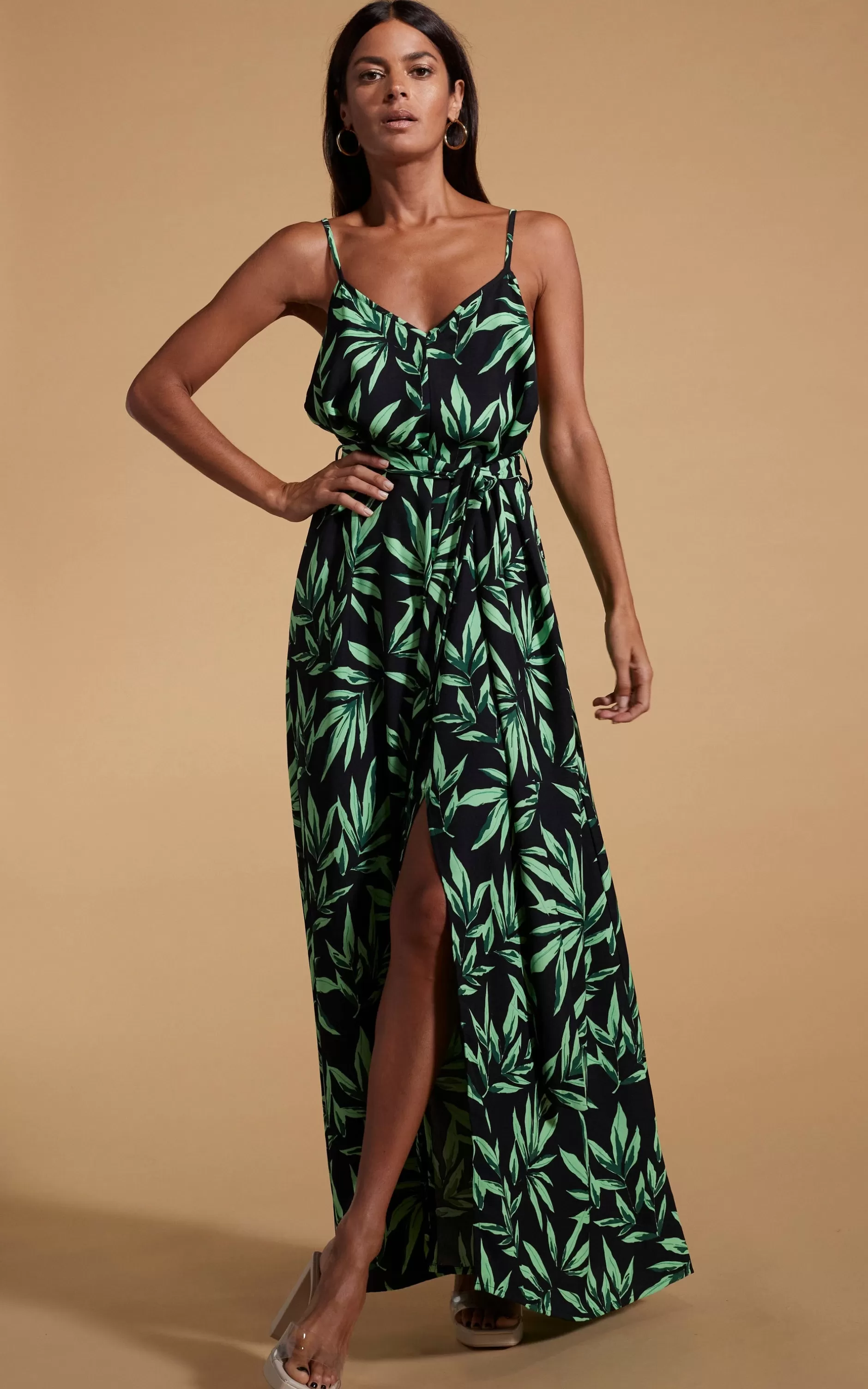 Dancing Leopard Sookie Slip Dress In Tropic Green On Black>Women Dresses