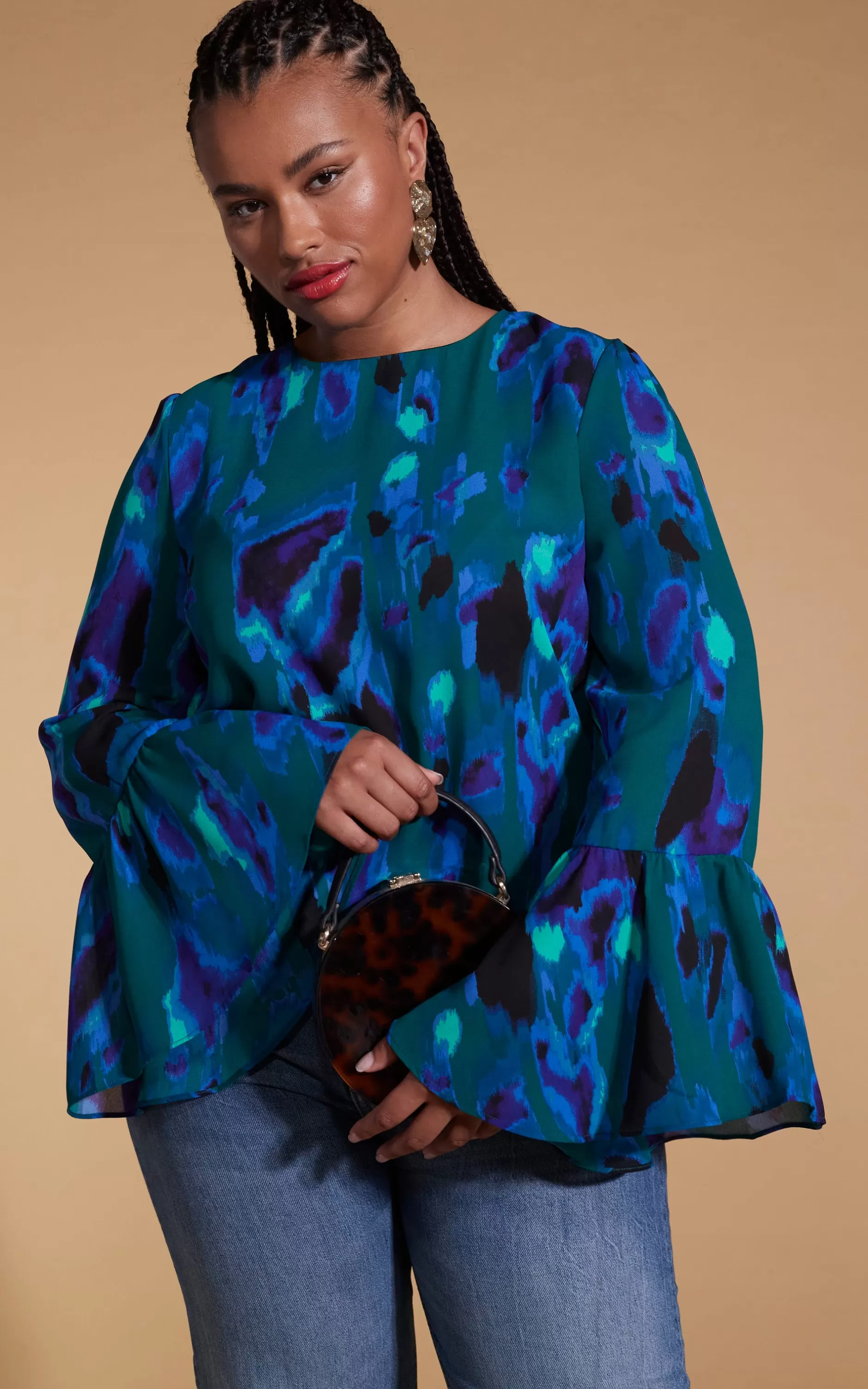 Dancing Leopard Suvi Flare Sleeve Top In Camo Abstract Blue On Green- Extended Sizing>Women Tops