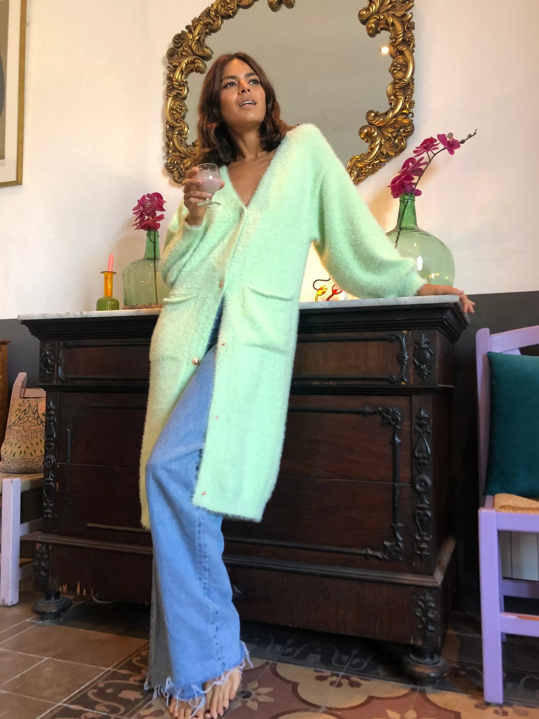 Dancing Leopard Taylor Longline Cardigan In Pastel Green>Women Knitwear