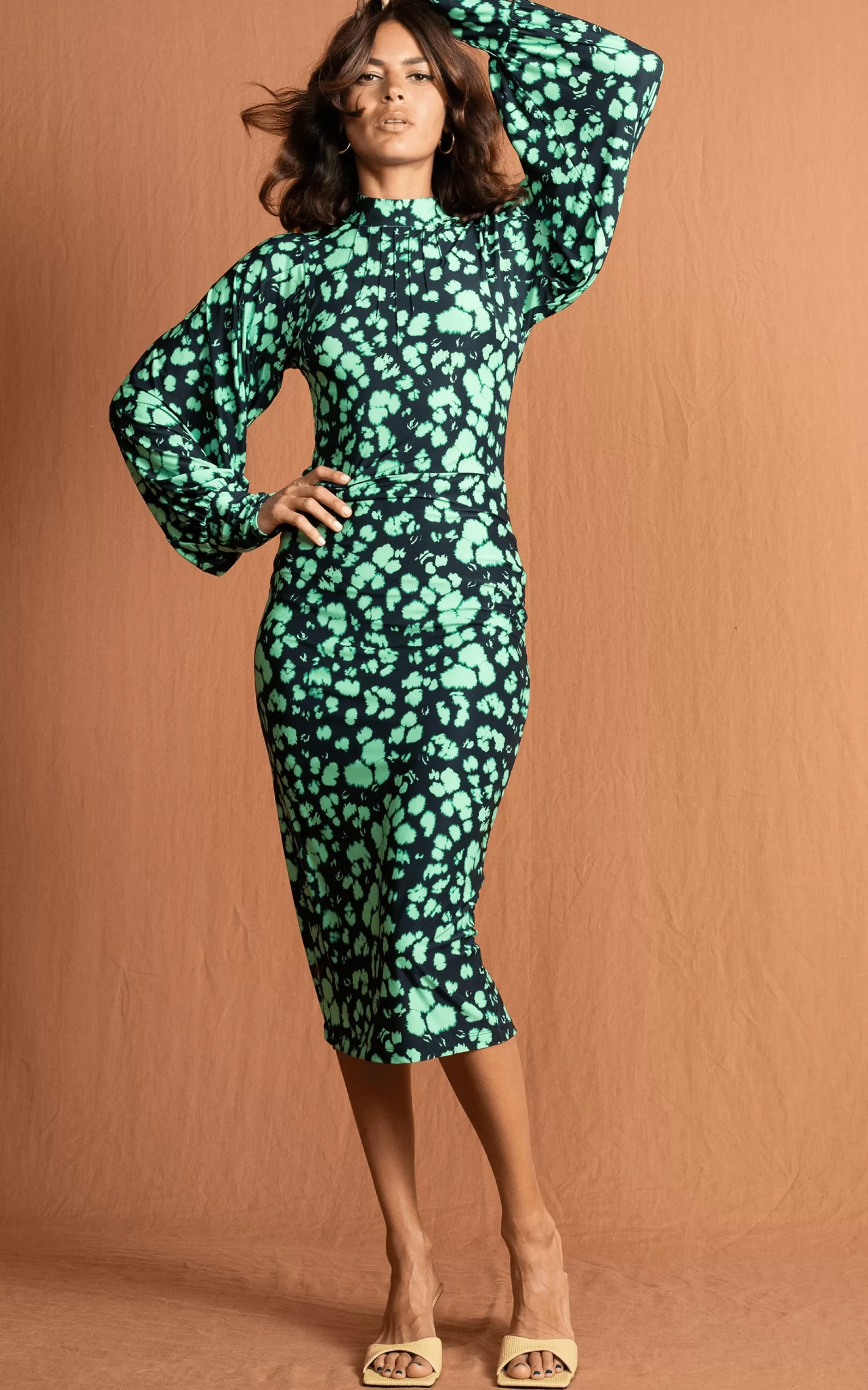 Dancing Leopard Zoe Midi Dress In Green Inky Leopard>Women Dresses